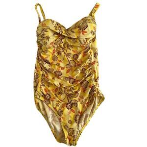 Emerald Bay Women's Plus 16 Retro Beach Yellow Floral Smocked One Piece Swimsuit